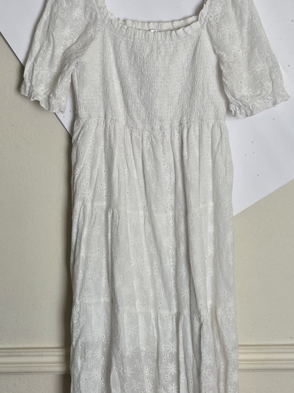 White Eyelet Smocked Maxi Dress with Puff Sleeves (Sz. XXL)